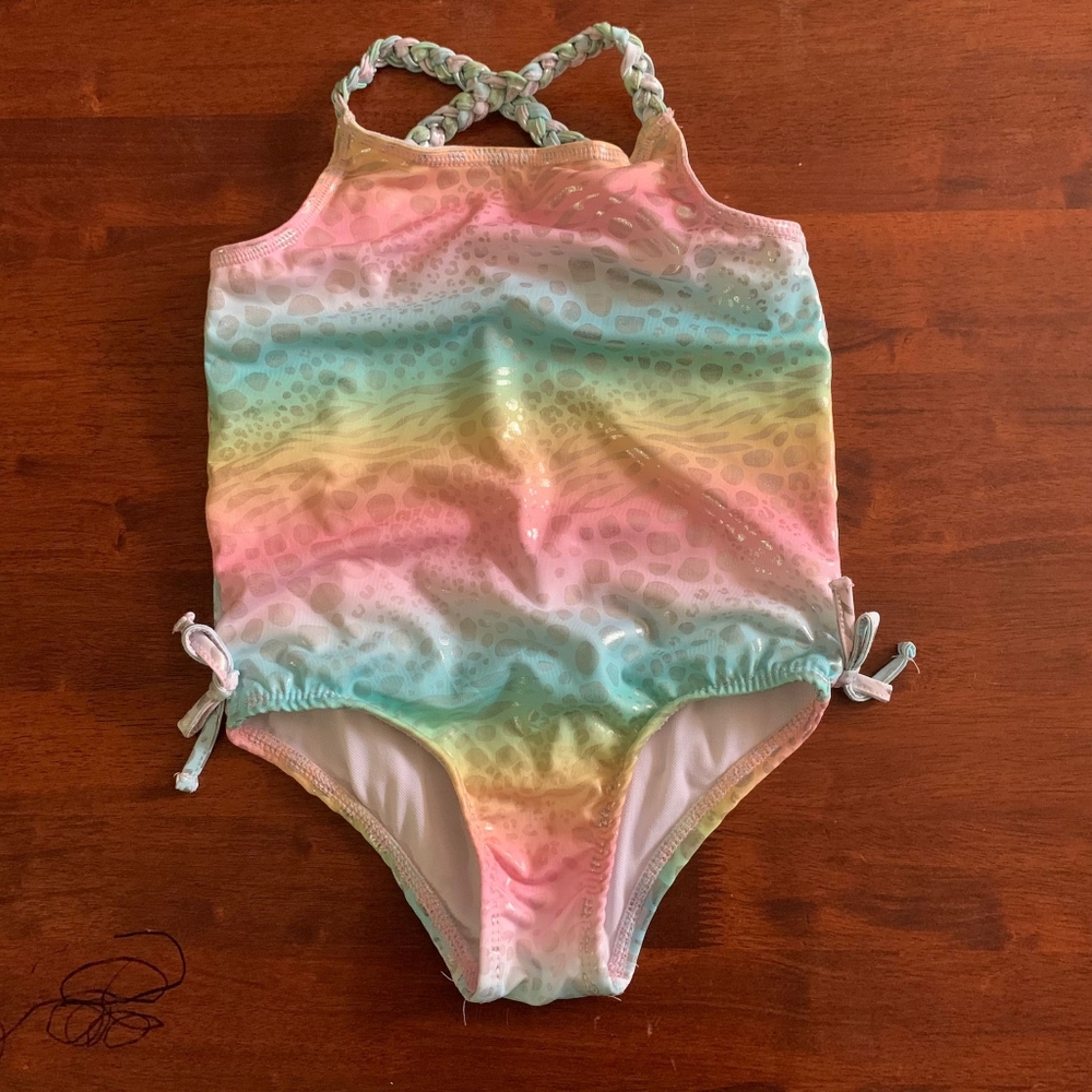 Penelope Mack Girls 6x - 1 Piece Rainbow Cat Swimsuit - Pink, Green, Yellow